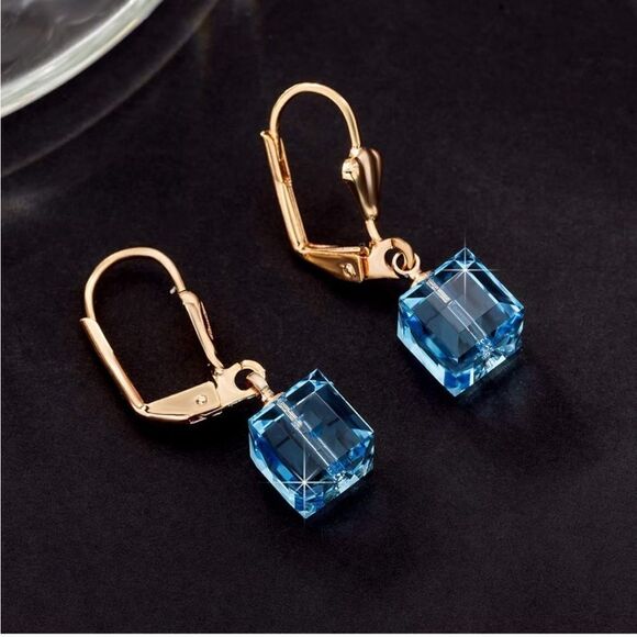 Austrian Crystal Cube Drop Earrings - 14K Gold Plated  14K Yellow Gold with Aquamarine Blue Austrian Crystal Cube Leverback Earrings